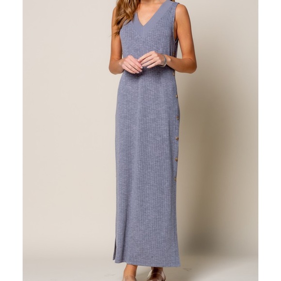 Fall Maxi Dress Gray Rib Knit Side Slit Dress Stretchy Casual Long Dress - Picture 3 of 7
